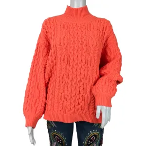 Alice   Olivia Women's Kenny Neon Cable Knit Turtleneck Sweater Deep Coral  Sz M