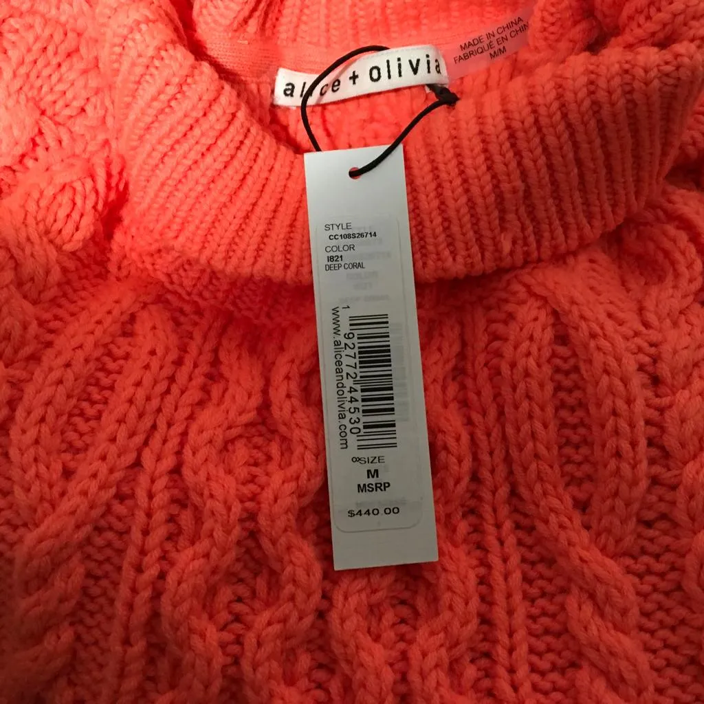 Alice   Olivia Women's Kenny Neon Cable Knit Turtleneck Sweater Deep Coral  Sz M