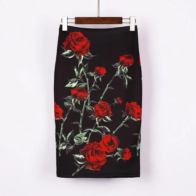 Autumn Rose Flower Printed High Waist Skirt