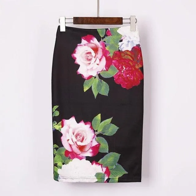 Autumn Rose Flower Printed High Waist Skirt