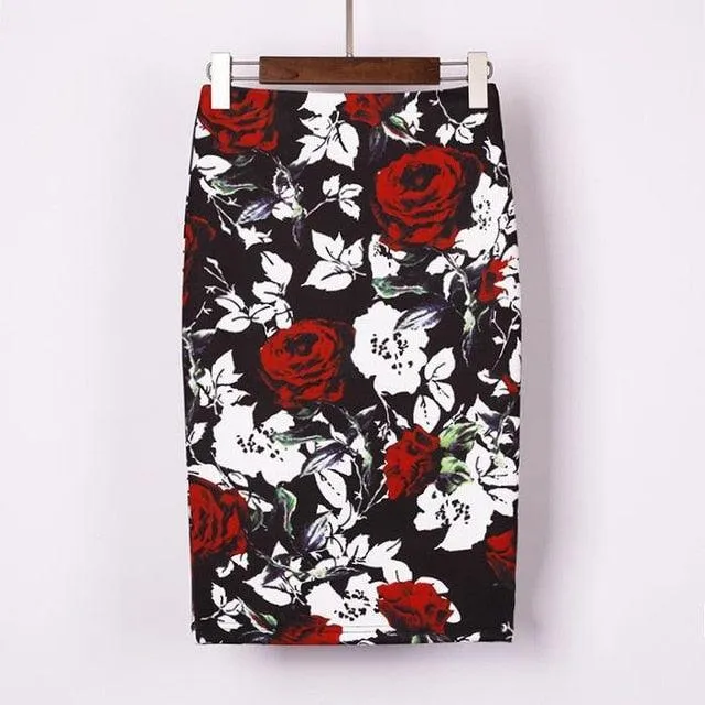 Autumn Rose Flower Printed High Waist Skirt