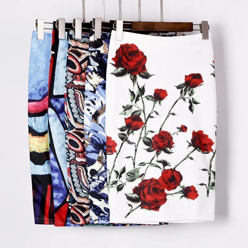 Autumn Rose Flower Printed High Waist Skirt