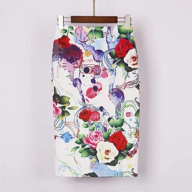 Autumn Rose Flower Printed High Waist Skirt