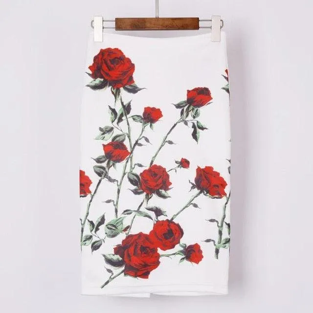 Autumn Rose Flower Printed High Waist Skirt
