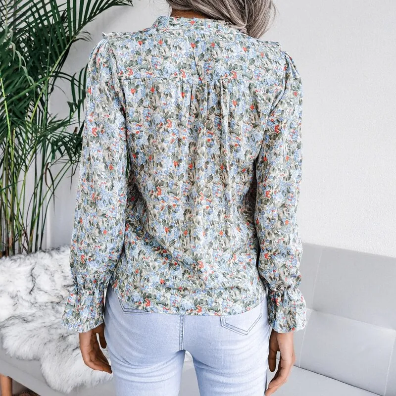 BerriesJam - Lace Up Ruffled Long Sleeve Floral Printed Chiffon Blouse