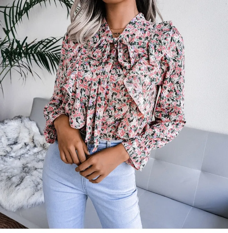 BerriesJam - Lace Up Ruffled Long Sleeve Floral Printed Chiffon Blouse