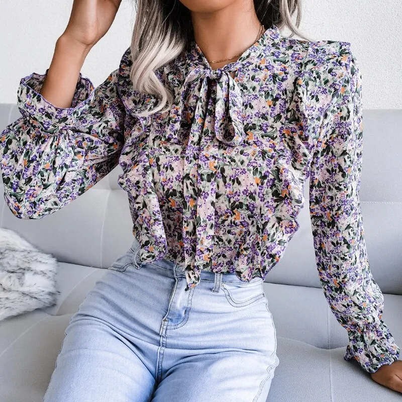 BerriesJam - Lace Up Ruffled Long Sleeve Floral Printed Chiffon Blouse