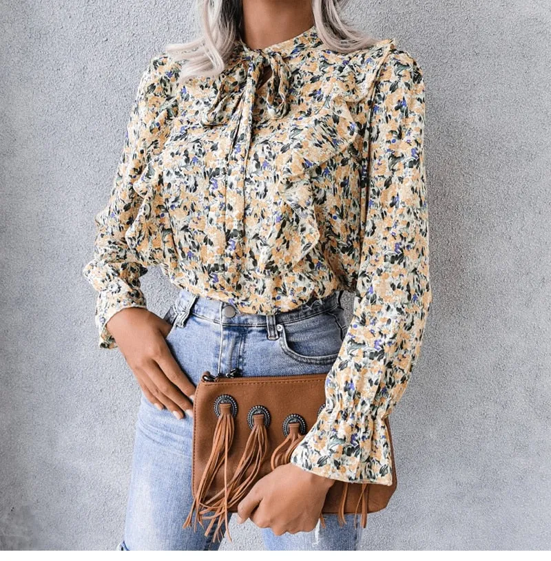 BerriesJam - Lace Up Ruffled Long Sleeve Floral Printed Chiffon Blouse