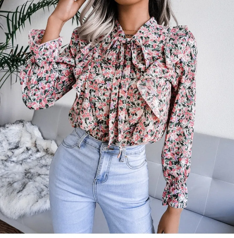 BerriesJam - Lace Up Ruffled Long Sleeve Floral Printed Chiffon Blouse