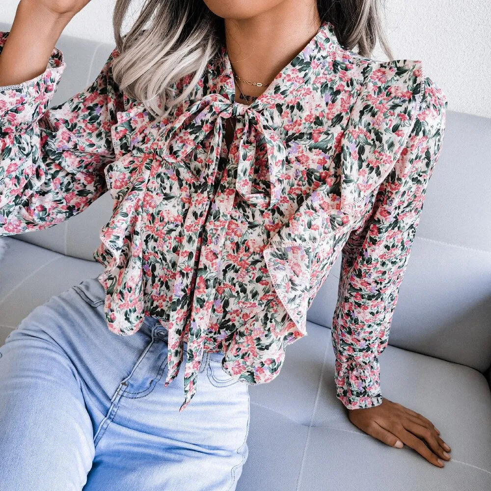 BerriesJam - Lace Up Ruffled Long Sleeve Floral Printed Chiffon Blouse