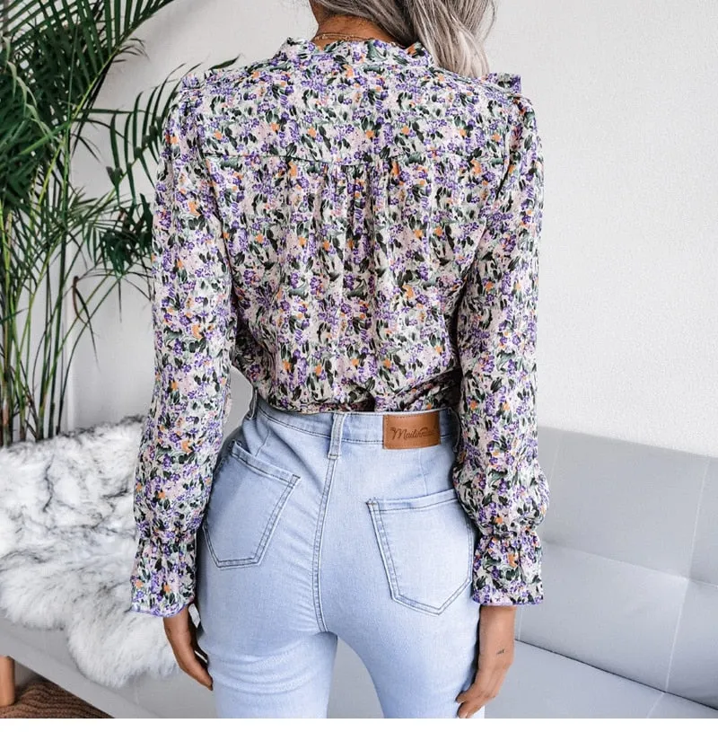 BerriesJam - Lace Up Ruffled Long Sleeve Floral Printed Chiffon Blouse
