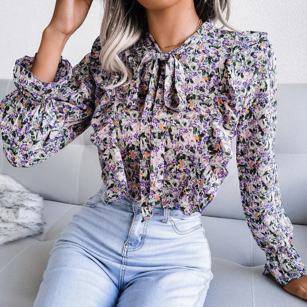 BerriesJam - Lace Up Ruffled Long Sleeve Floral Printed Chiffon Blouse