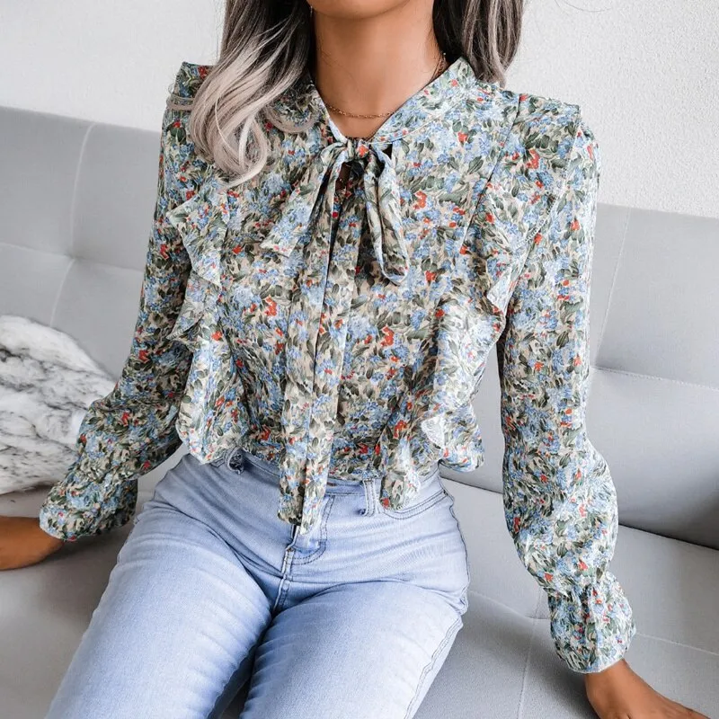 BerriesJam - Lace Up Ruffled Long Sleeve Floral Printed Chiffon Blouse