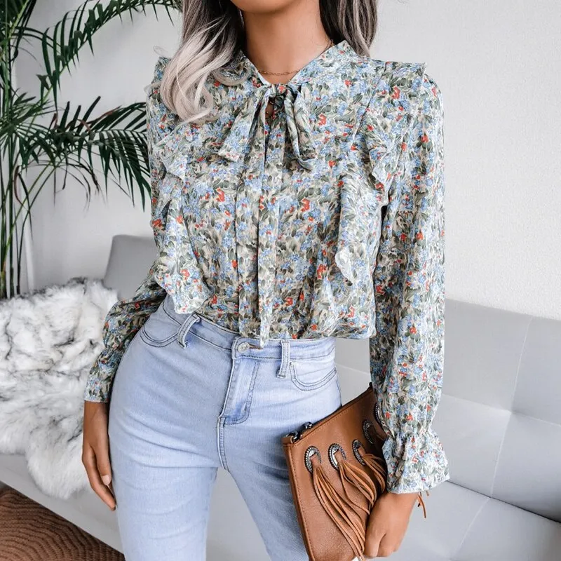 BerriesJam - Lace Up Ruffled Long Sleeve Floral Printed Chiffon Blouse