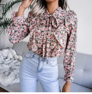 BerriesJam - Lace Up Ruffled Long Sleeve Floral Printed Chiffon Blouse