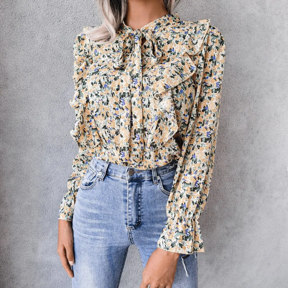 BerriesJam - Lace Up Ruffled Long Sleeve Floral Printed Chiffon Blouse