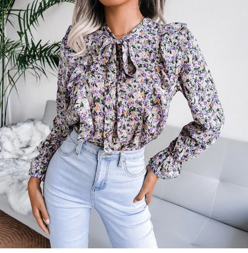 BerriesJam - Lace Up Ruffled Long Sleeve Floral Printed Chiffon Blouse