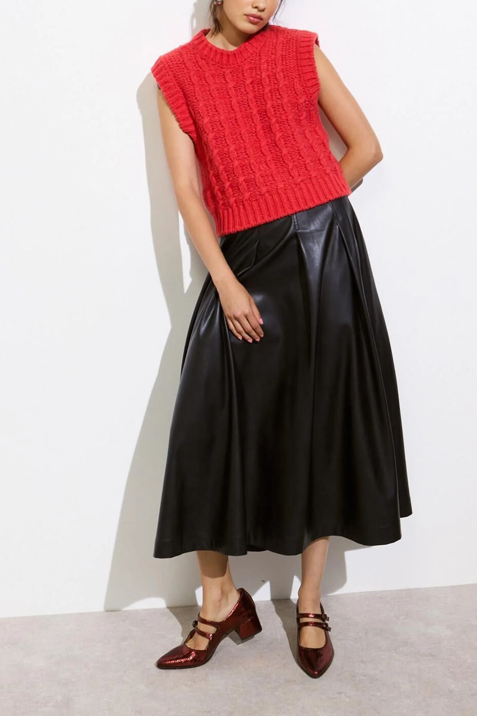 Black Faux Leather Pleated Midi Skirt
