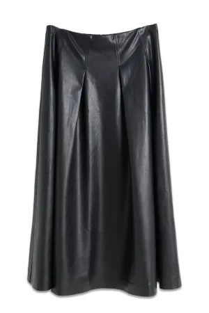 Black Faux Leather Pleated Midi Skirt