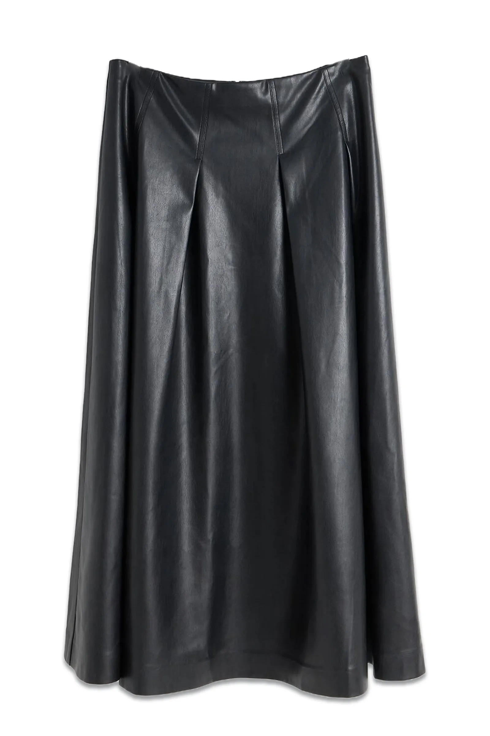 Black Faux Leather Pleated Midi Skirt