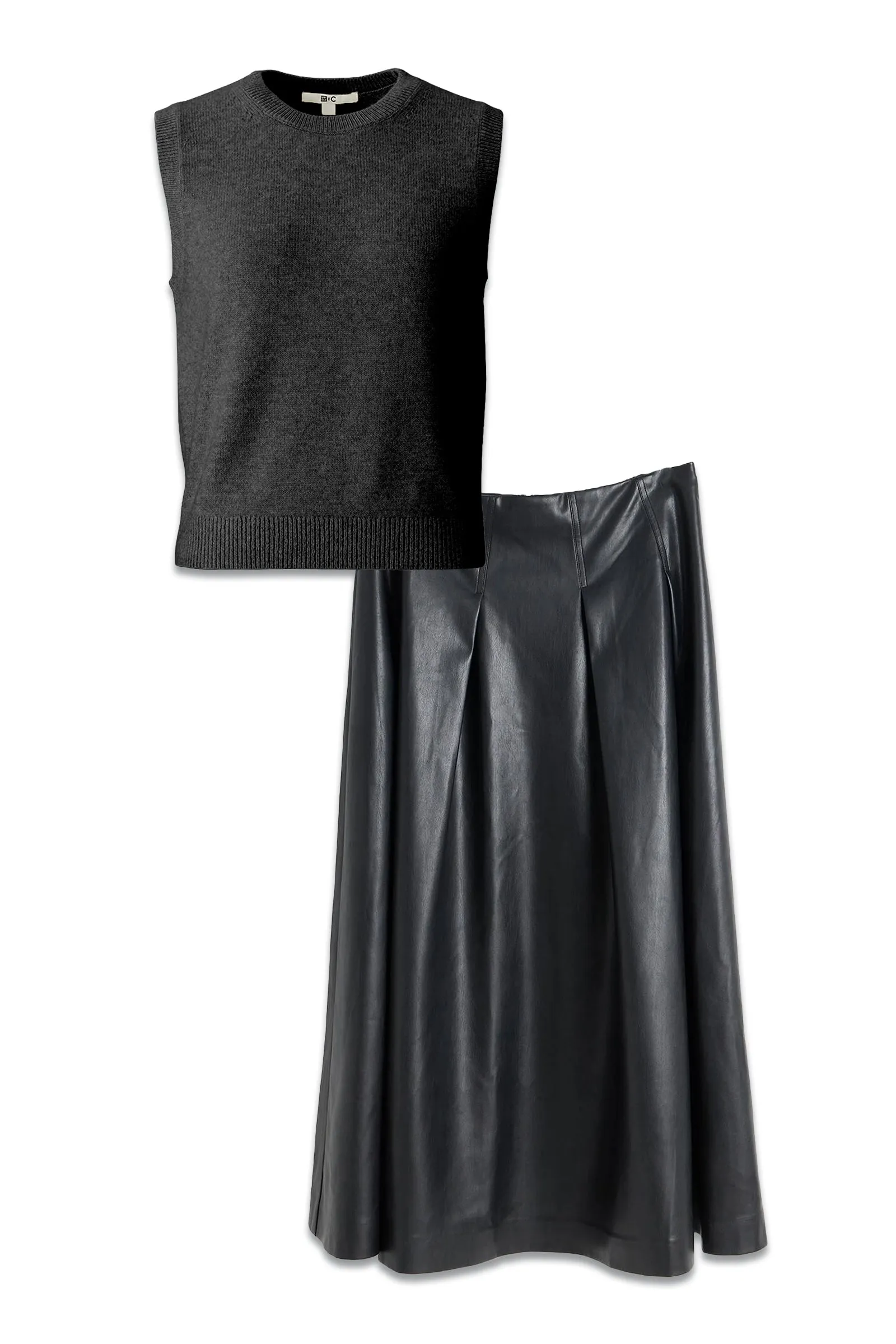 Black Faux Leather Pleated Midi Skirt