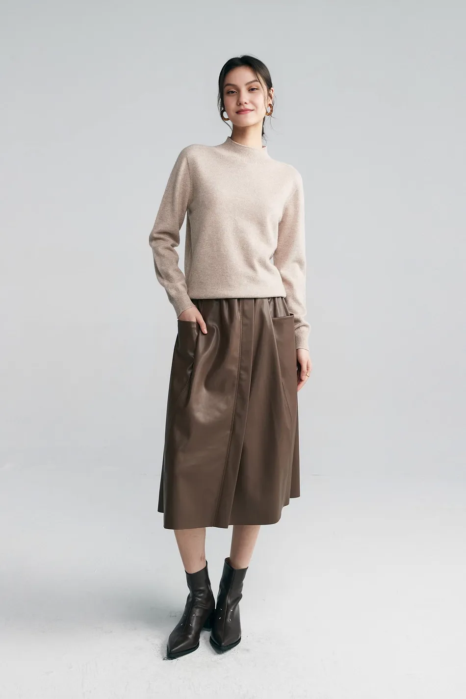 Black Leather Maxi Cargo Skirt With Front Slit