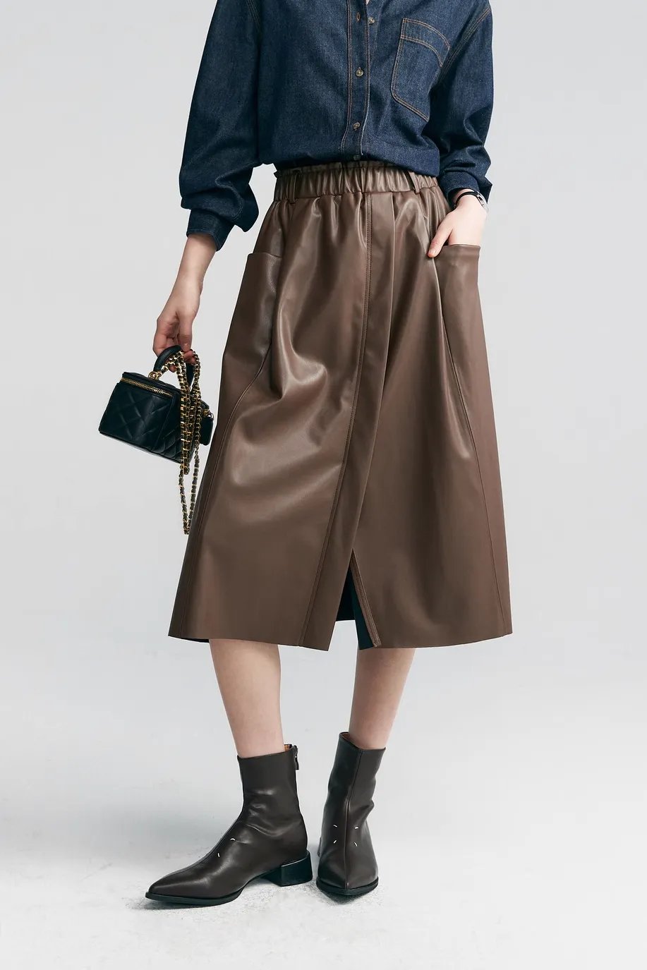 Black Leather Maxi Cargo Skirt With Front Slit