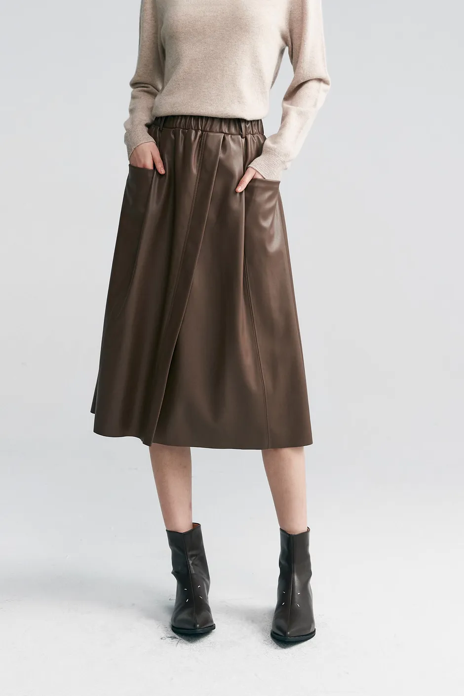 Black Leather Maxi Cargo Skirt With Front Slit