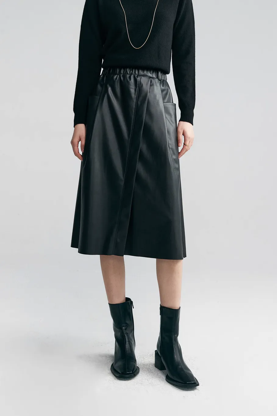 Black Leather Maxi Cargo Skirt With Front Slit