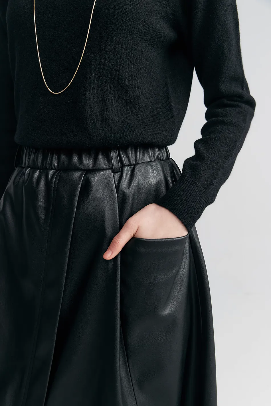 Black Leather Maxi Cargo Skirt With Front Slit