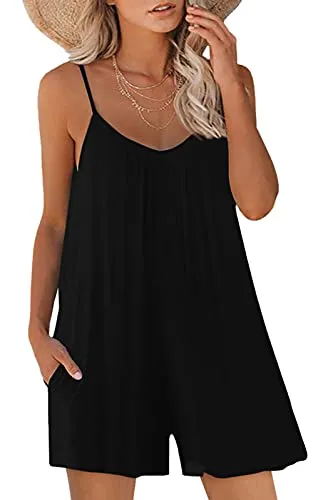 Black Short Casual Sleeveless Strap Loose Adjustable Jumpsuits Stretchy Long Pants Romper with Pockets - SNUGWIND