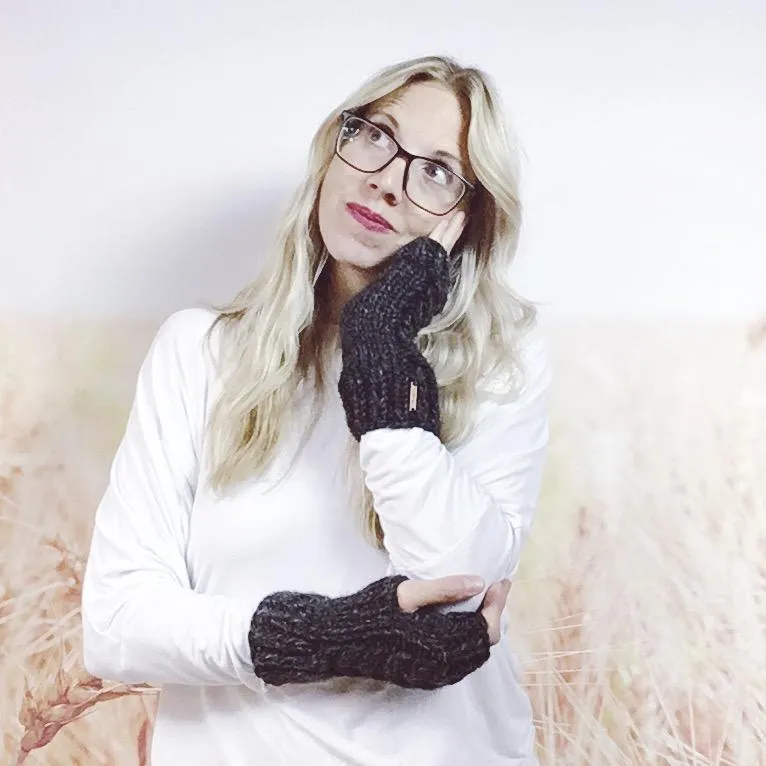 Charcoal Knitted Fingerless Gloves for Women, Women's Cable Knit Wrist Warmers