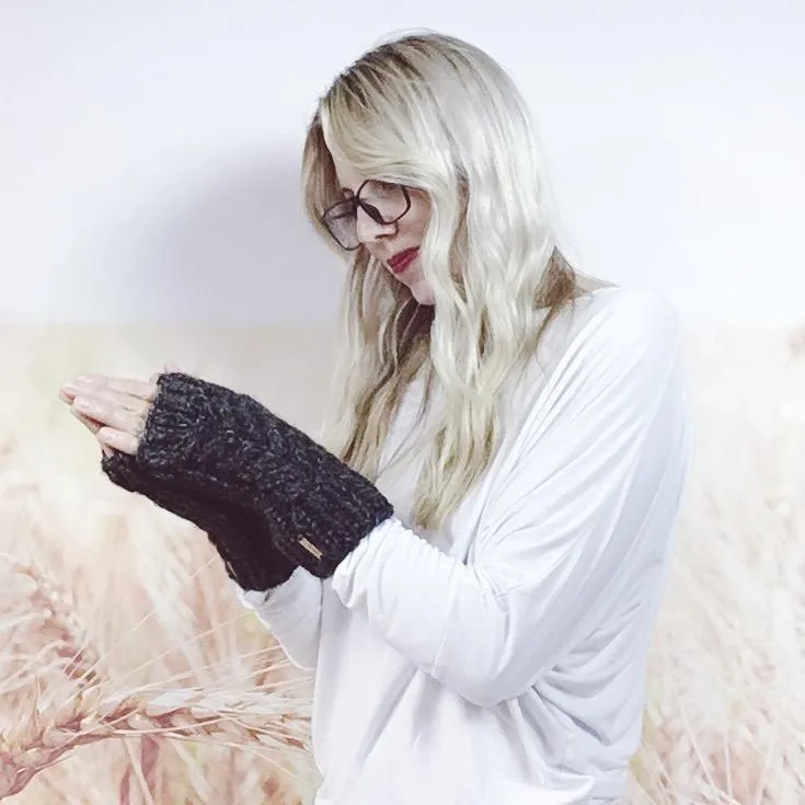 Charcoal Knitted Fingerless Gloves for Women, Women's Cable Knit Wrist Warmers