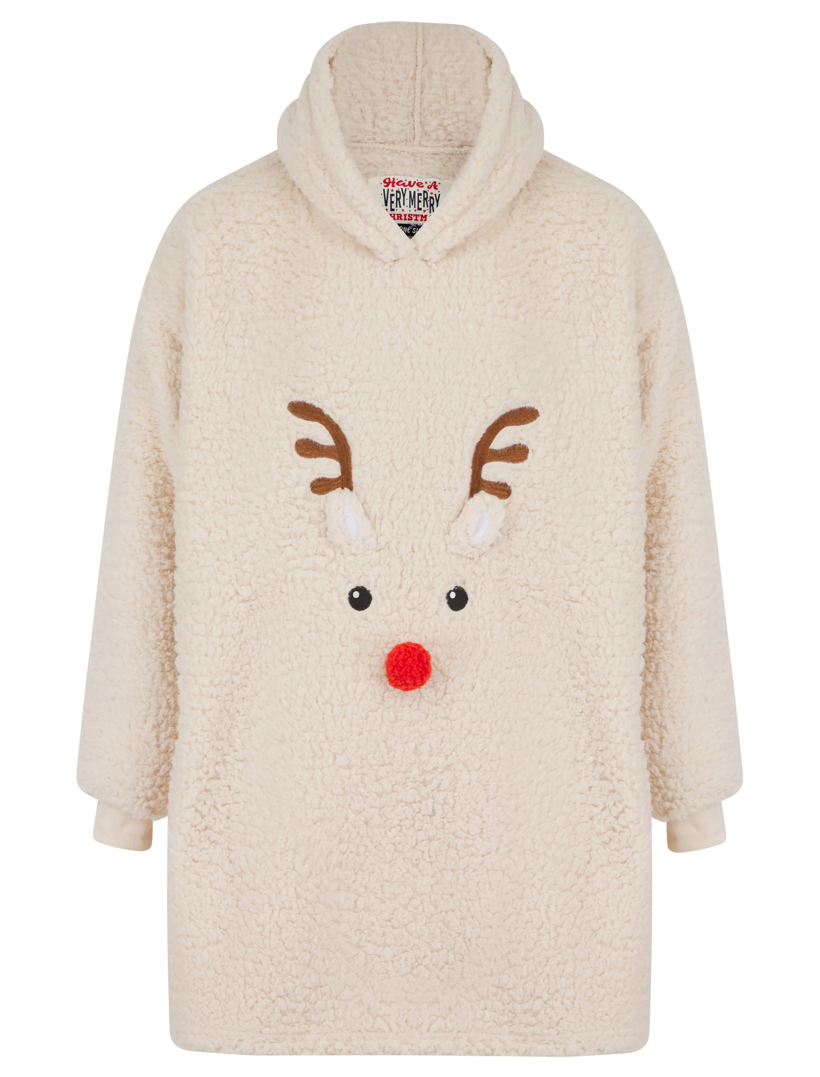 CREAM TEDDY OVERSIZED REINDEER SNUGGLE HOODIE