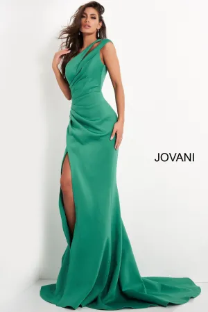 Crepe Fitted One Shoulder Slit Gown by Jovani 04222