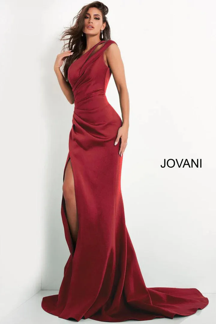 Crepe Fitted One Shoulder Slit Gown by Jovani 04222