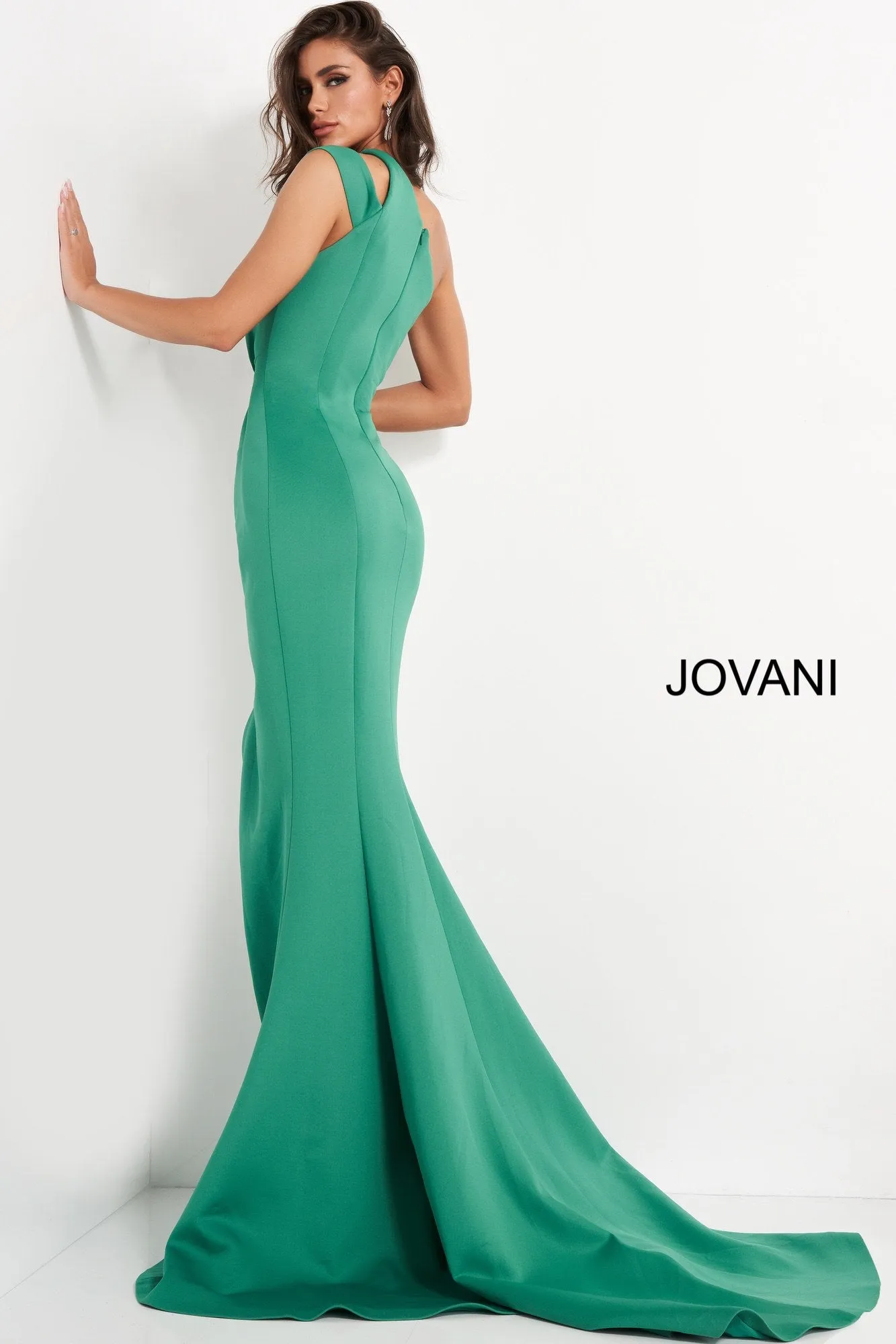 Crepe Fitted One Shoulder Slit Gown by Jovani 04222