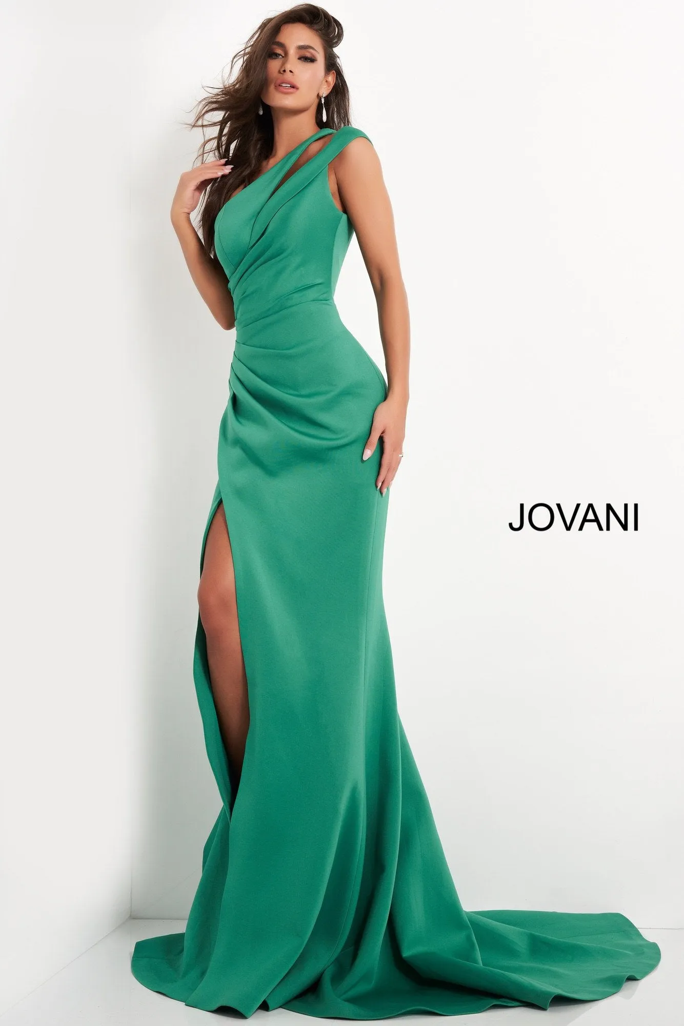Crepe Fitted One Shoulder Slit Gown by Jovani 04222