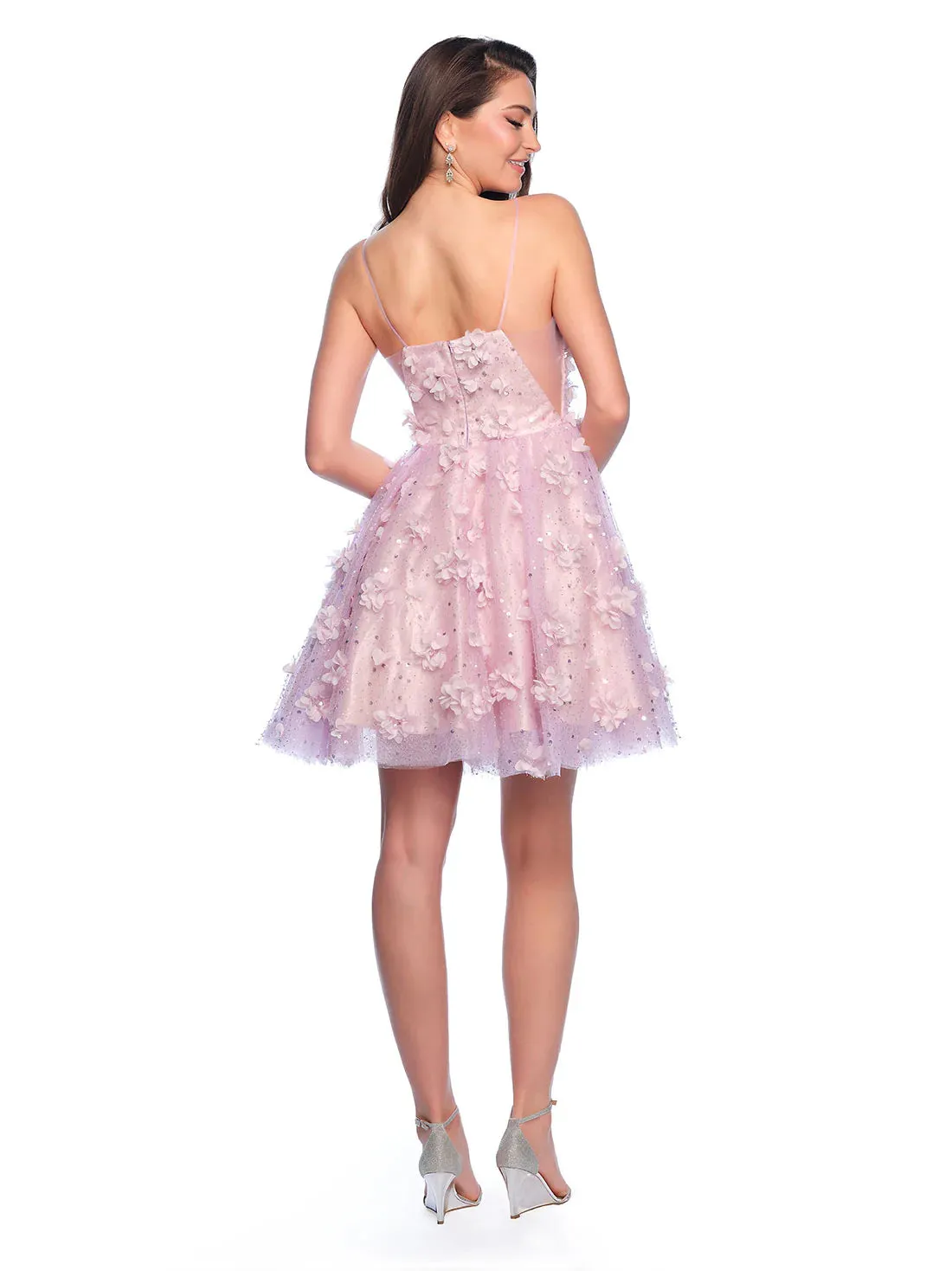 Dave & Johnny 11751 Size 0 Lilac A Line 3D Flower Homecoming Dress shimmer Cocktail Gown Sheer