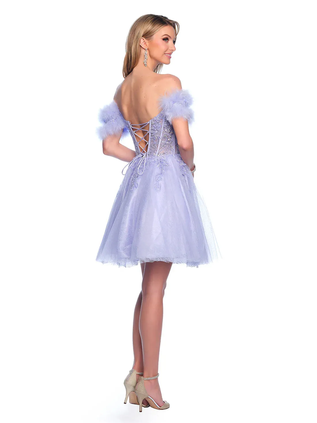 Dave & Johnny 11775 Size 00, 10 Blue Shimmer Lace A Line Feather Homecoming Dress off the shoulder Cocktail Gown