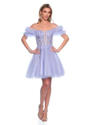 Dave & Johnny 11775 Size 00, 10 Blue Shimmer Lace A Line Feather Homecoming Dress off the shoulder Cocktail Gown