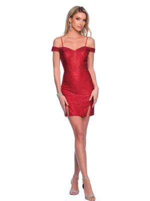 Dave & Johnny 11916 Size 10 Red Short Fitted Crystal Homecoming Dress off the Shoulder Back Cutout Gown