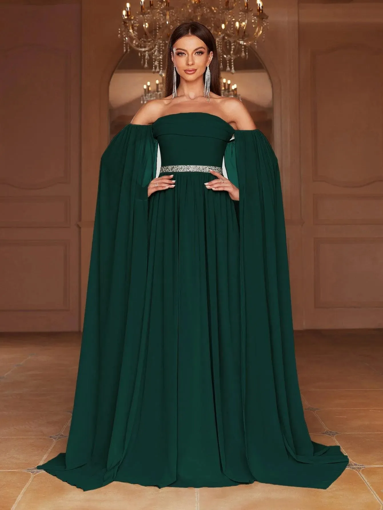 Elegant Off Shoulder Extra-Long Sleeves Chiffon Prom Dress