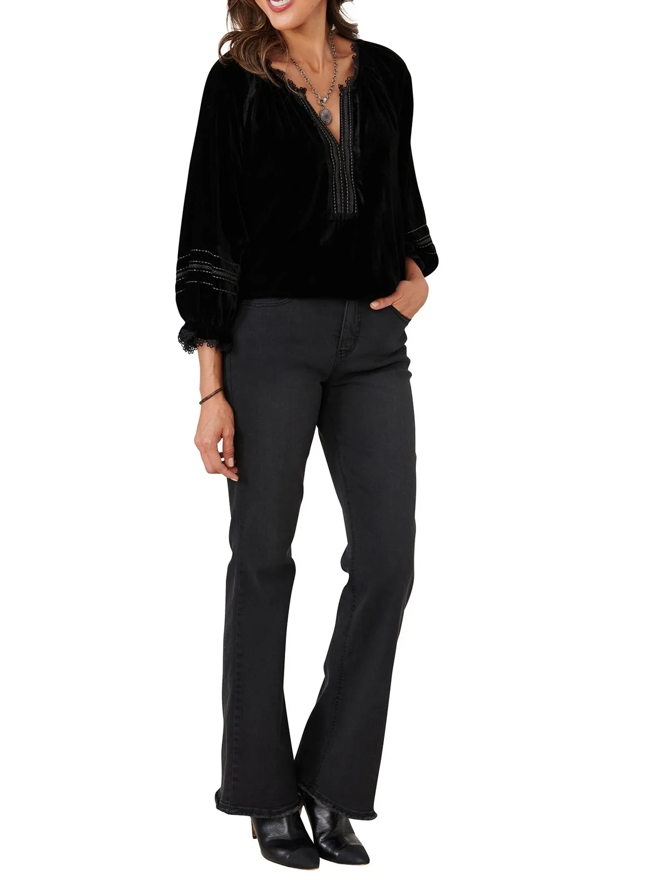 Embroidered Velvet Blouse - Black