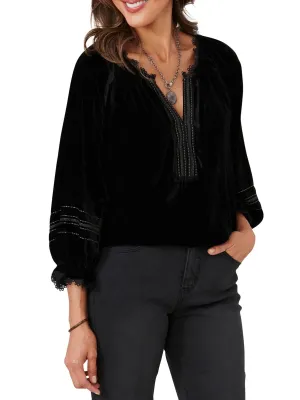 Embroidered Velvet Blouse - Black