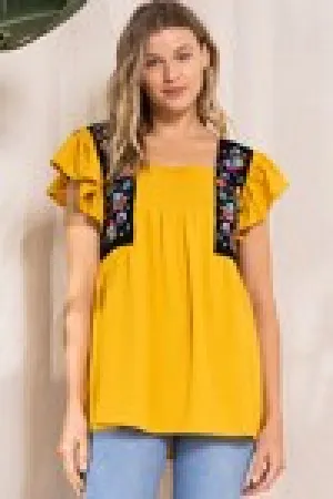 FLORAL EMBROIDERED, FRONT SMOCKED, RUFFLE SS TOP