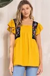 FLORAL EMBROIDERED, FRONT SMOCKED, RUFFLE SS TOP