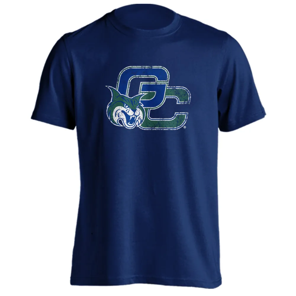 Georgia College GCSU Bobcats Distressed Interlocking GC with Mascot Logo Short Sleeve T-Shirt