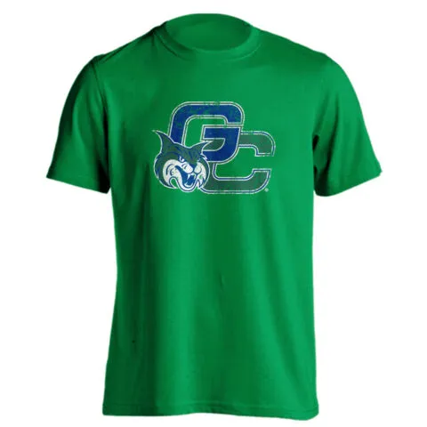 Georgia College GCSU Bobcats Distressed Interlocking GC with Mascot Logo Short Sleeve T-Shirt