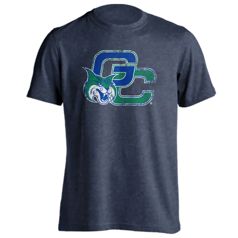 Georgia College GCSU Bobcats Distressed Interlocking GC with Mascot Logo Short Sleeve T-Shirt